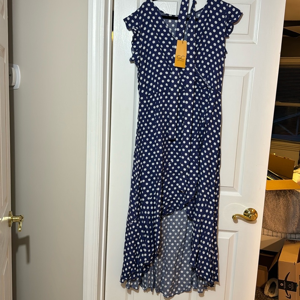 Grecerelle blue polka dot wrap dress